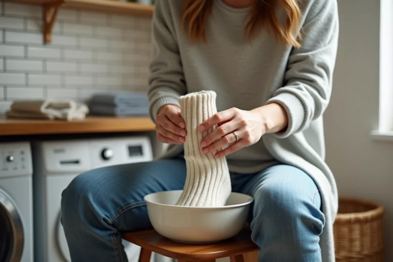 Femme qui étire une chaussette en laine mouillée sur un bol en céramique dans une buanderie à domicile