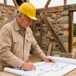 Expert en bâtiment étudiant des plans architecturaux sur un chantier de construction dans le Cher