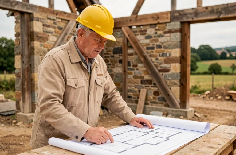 Expert en bâtiment étudiant des plans architecturaux sur un chantier de construction dans le Cher