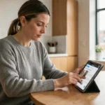 Femme lisant les actualités du jour sur une tablette dans une cuisine moderne, restant informée chaque matin