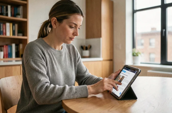 Femme lisant les actualités du jour sur une tablette dans une cuisine moderne, restant informée chaque matin