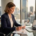 Femme d'affaires analysant des rapports financiers et des tendances économiques dans un bureau moderne en 2024