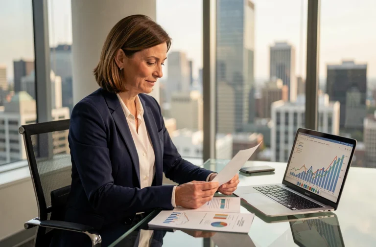 Femme d'affaires analysant des rapports financiers et des tendances économiques dans un bureau moderne en 2024