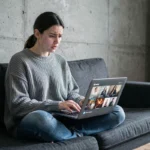 Jeune femme cherchant des alternatives de streaming vidéo sur son ordinateur portable dans un appartement parisien