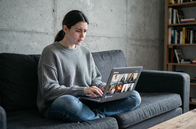 Jeune femme cherchant des alternatives de streaming vidéo sur son ordinateur portable dans un appartement parisien