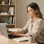 Femme travaillant sur un ordinateur portable dans un bureau moderne pour améliorer sa présence en ligne