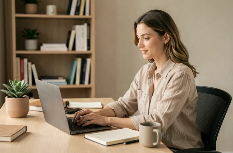 Femme travaillant sur un ordinateur portable dans un bureau moderne pour améliorer sa présence en ligne