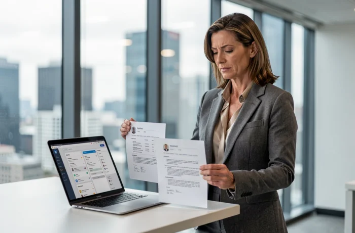 Femme cadre comparant des versions de CV imprimés et une plateforme de CV numérique en bureau d'entreprise
