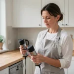 Femme comparant des appareils électroménagers dans une cuisine moderne pour choisir le meilleur équipement maison