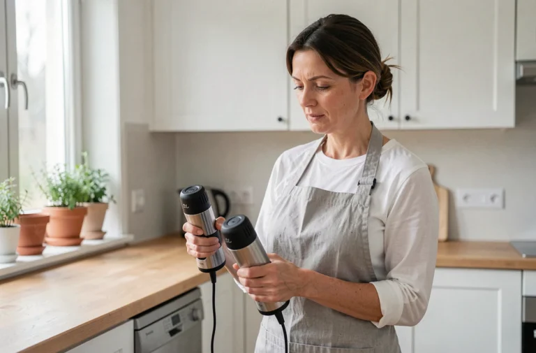 Femme comparant des appareils électroménagers dans une cuisine moderne pour choisir le meilleur équipement maison