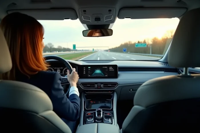 Femme au volant d'un SUV avec conduite autonome activée sur autoroute française