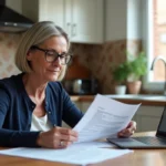 Femme consultant les plafonds de revenus MaPrimeRénov sur ordinateur portable avec des documents officiels sur une table de cuisine
