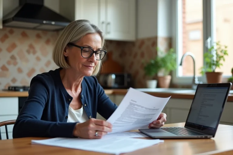 Femme consultant les plafonds de revenus MaPrimeRénov sur ordinateur portable avec des documents officiels sur une table de cuisine