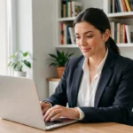 Femme consultant son CV en ligne sur un ordinateur portable dans un bureau à domicile moderne