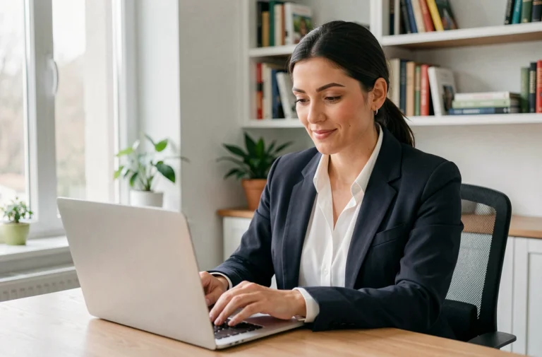 Femme consultant son CV en ligne sur un ordinateur portable dans un bureau à domicile moderne