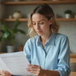Femme consultant des documents de crédit et solutions de financement à une table en bois dans une cuisine moderne