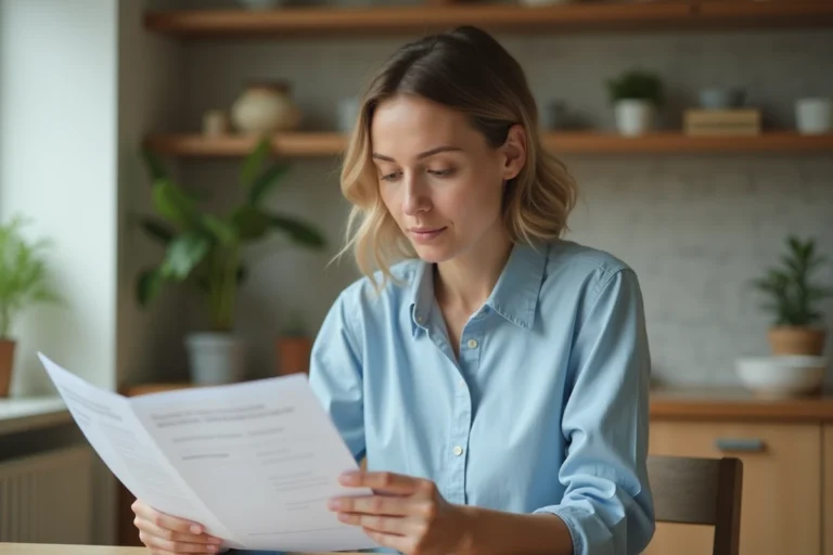 Femme consultant des documents de crédit et solutions de financement à une table en bois dans une cuisine moderne