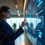 Femme professionnelle utilisant un écran tactile interactif dans un bureau moderne pour analyser des données d'entreprise