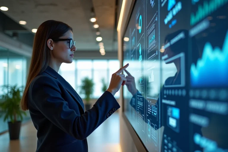 Femme professionnelle utilisant un écran tactile interactif dans un bureau moderne pour analyser des données d'entreprise