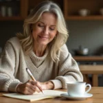 Femme écrivant un message manuscrit à une personne chère, assise dans une cuisine chaleureuse avec une tasse de thé