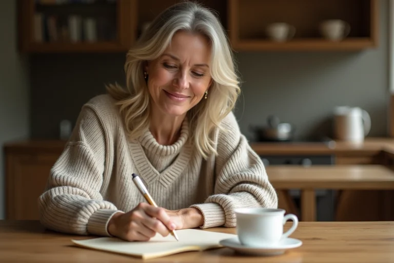 Femme écrivant un message manuscrit à une personne chère, assise dans une cuisine chaleureuse avec une tasse de thé