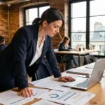 Femme entrepreneur française en blazer marine révisant un business plan dans un espace de coworking parisien