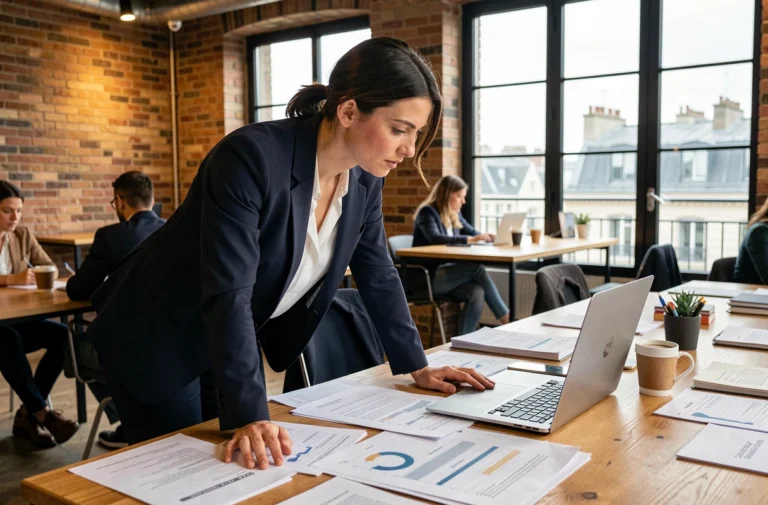 Femme entrepreneur française en blazer marine révisant un business plan dans un espace de coworking parisien