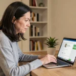 Femme utilisant un espace bénéficiaire en ligne sur un ordinateur portable dans un bureau à domicile