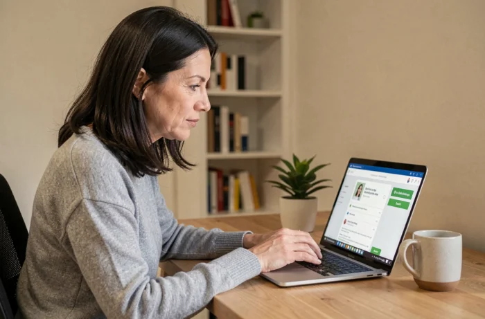 Femme utilisant un espace bénéficiaire en ligne sur un ordinateur portable dans un bureau à domicile