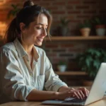 Femme explorant des pages incontournables sur un site de découverte depuis son bureau à domicile