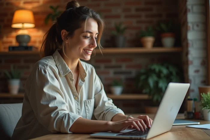 Femme explorant des pages incontournables sur un site de découverte depuis son bureau à domicile