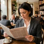 Femme lisant un journal dans un café parisien, illustration de l'actualité quotidienne