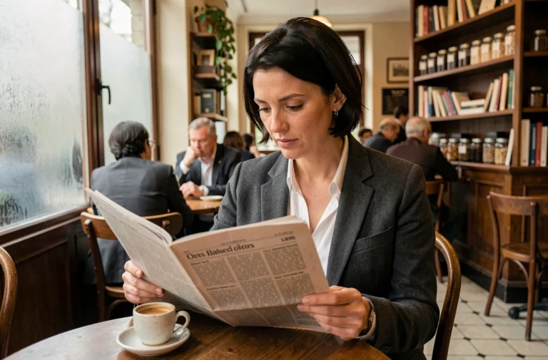Femme lisant un journal dans un café parisien, illustration de l'actualité quotidienne