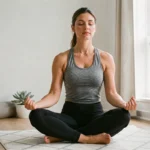 Femme pratiquant la méditation sur un tapis de yoga dans un studio minimaliste lumineux pour allier sport et bien-être au quotidien