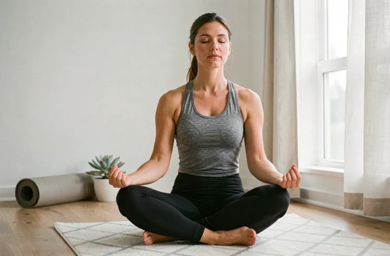 Femme pratiquant la méditation sur un tapis de yoga dans un studio minimaliste lumineux pour allier sport et bien-être au quotidien