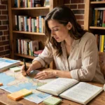 Femme organisant son voyage avec des cartes et un carnet d'itinéraire sur un bureau en bois