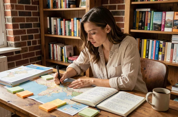 Femme organisant son voyage avec des cartes et un carnet d'itinéraire sur un bureau en bois