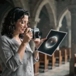 Femme tenant une photographie présentant un orbe translucide dans une vieille église en pierre, explorant les mystères des anomalies lumineuses
