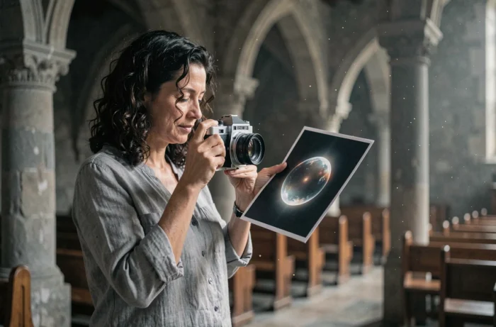 Femme tenant une photographie présentant un orbe translucide dans une vieille église en pierre, explorant les mystères des anomalies lumineuses