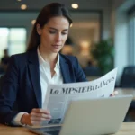 Femme professionnelle consultant simultanément un journal financier et un ordinateur portable pour suivre l'actualité business en 2024