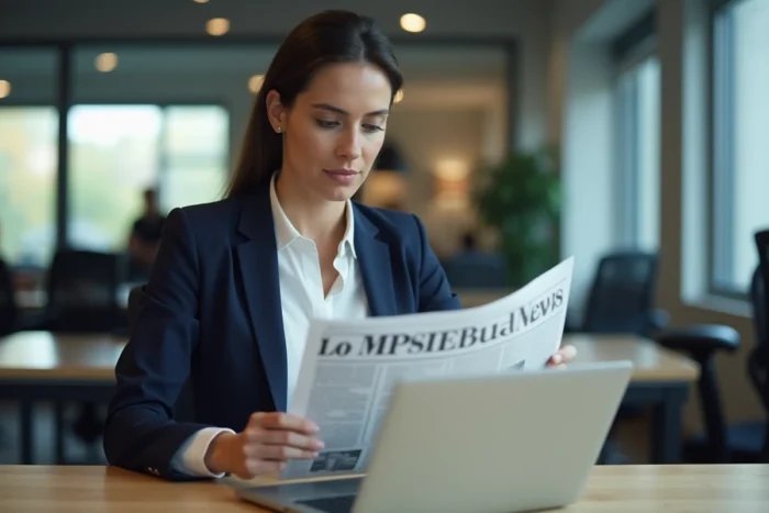 Femme professionnelle consultant simultanément un journal financier et un ordinateur portable pour suivre l'actualité business en 2024