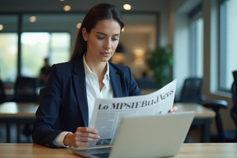 Femme professionnelle consultant simultanément un journal financier et un ordinateur portable pour suivre l'actualité business en 2024