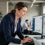 Femme professionnelle analysant des tableaux de bord de marketing digital sur deux écrans dans un bureau moderne pour booster la croissance de son entreprise