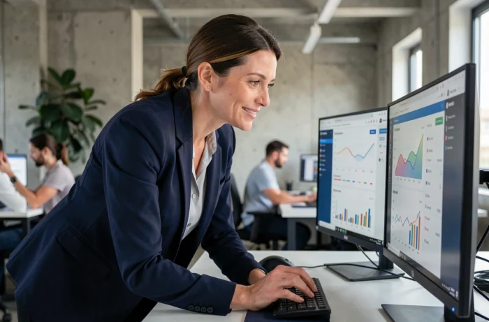 Femme professionnelle analysant des tableaux de bord de marketing digital sur deux écrans dans un bureau moderne pour booster la croissance de son entreprise