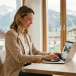 Femme consultant une plateforme immobilière innovante sur son ordinateur portable dans un bureau moderne en Suisse