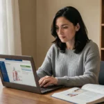 Femme consultant des ressources de santé fiables sur un ordinateur portable dans un bureau à domicile