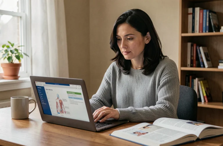 Femme consultant des ressources de santé fiables sur un ordinateur portable dans un bureau à domicile