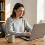 Femme en télétravail à son bureau en bois chez elle, concentrée sur son ordinateur portable dans un espace de travail à domicile ordonné et chaleureux
