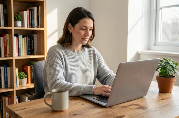 Femme en télétravail à son bureau en bois chez elle, concentrée sur son ordinateur portable dans un espace de travail à domicile ordonné et chaleureux