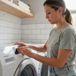 Femme utilisant le panneau de commande d'un lave-linge Whirlpool 6th Sense dans une buanderie moderne